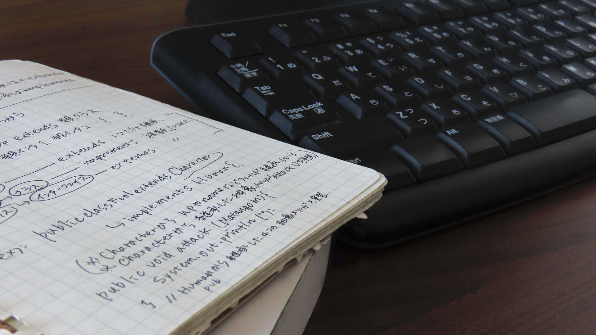 キーボードとノートのメモ用紙