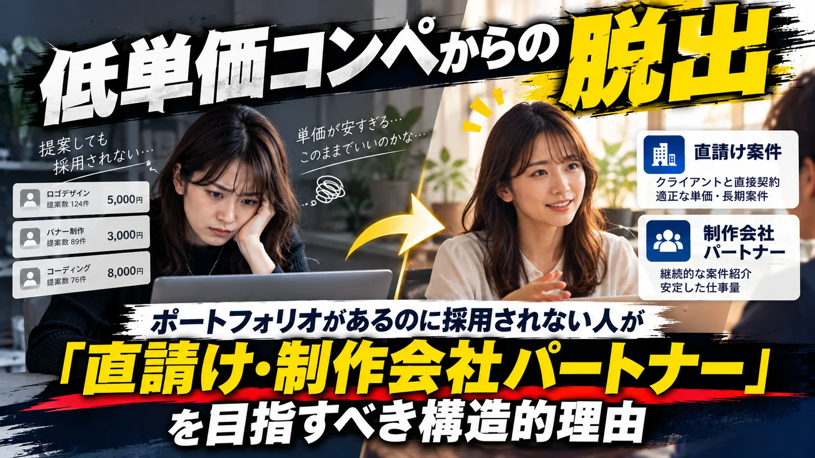 低単価コンペからの脱出｜ポートフォリオがあるのに採用されない人が「直請け・制作会社パートナー」を目指すべき構造的理由