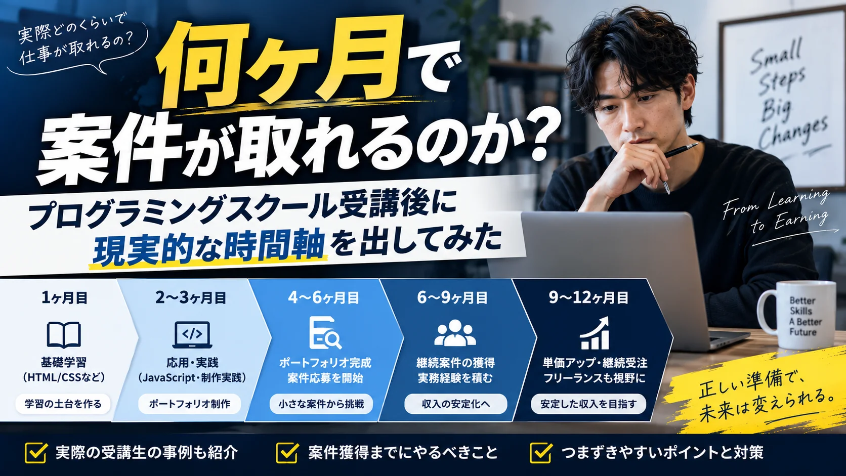 何ヶ月で案件が取れるのか｜プログラミングスクール受講後に現実的な時間軸を出してみた